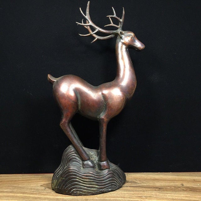 Late 20th Century Solid Copper Pair of Lucky Wealth Deer (Zhaocai Lu) - Heavy Bronze Deer Figurines With Antlers For Sale - Image 5 of 9