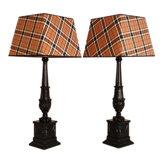 Vintage French Table Lamps Black Tartan Lampshades Country Style Baroque Lamps Tariff Free Delivery a Pair For Sale