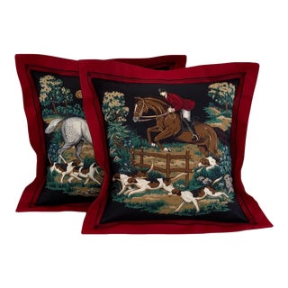 Designer Printworks Black Brown Red Green Beagle Dog Equestrian Horse Hunting Pillow Covers- 15" Pair For Sale