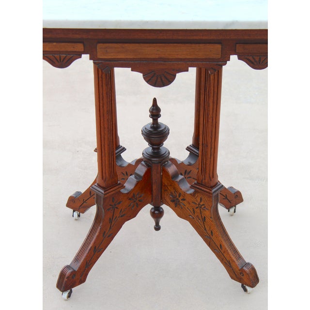 Late 19th Century Antique American Victorian Eastlake Marble Top Parlor Table | Carved Walnut Side Table on Casters | C. 1880–1900 For Sale - Image 5 of 15