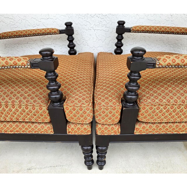 Jacobean Louis XIII Style Bobbin Turned Lounge Armchairs Ebonized Nailhead Pair For Sale - Image 4 of 15