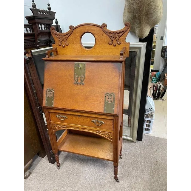 Antique Tiger Oak Flip Down Cabinet For Sale - Image 10 of 11