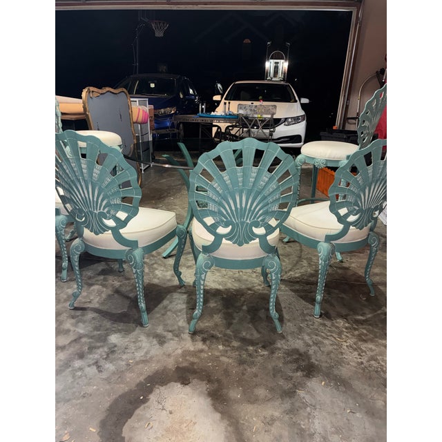 Hollywood Regency Veneman Cast Aluminum Clamshell Patio Set With Tags, Four Chairs, Bar Stools, and Glass Pedestal Table, 7 Pieces For Sale In Louisville - Image 6 of 12