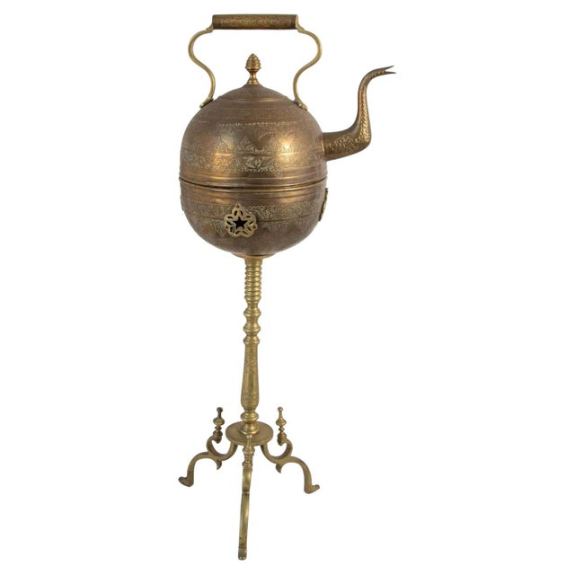 Monumental Moroccan Engraved Brass Tea Kettle on Stand For Sale - Image 4 of 17