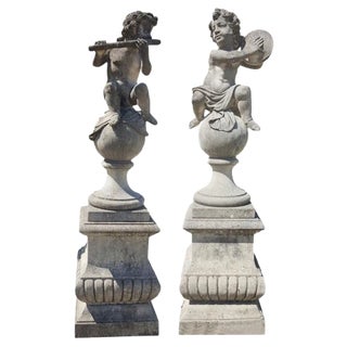 Italian Putto Stone Garden Statues Representing Musicians, Set of 2 For Sale