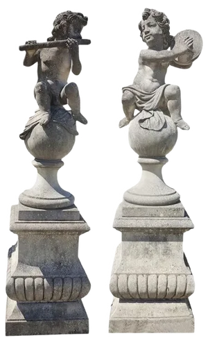 Italian Putto Stone Garden Statues Representing Musicians, Set of 2
