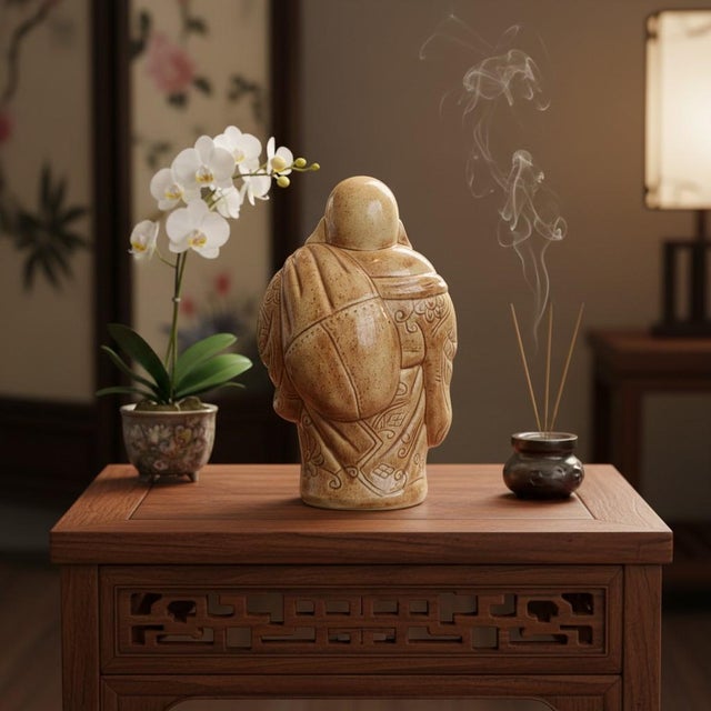 Tan Vintage Studio Pottery Hotei Buddha Statue-Signed JK-Large-Figure-Meditation-Zen For Sale - Image 8 of 11