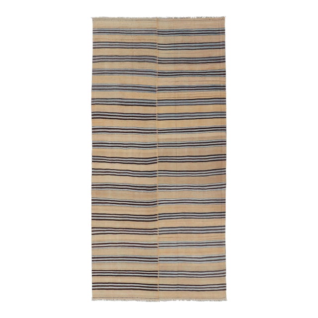 Turkish Vintage Kilim Striped Rug in Brown, Blue & Cream 5'3 X 12'4 For Sale