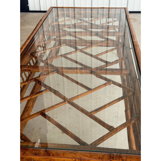 Beautiful vintage Brighton Pavilion scorched bamboo coffee table featuring the iconic faux burnt bamboo finish, elegant...