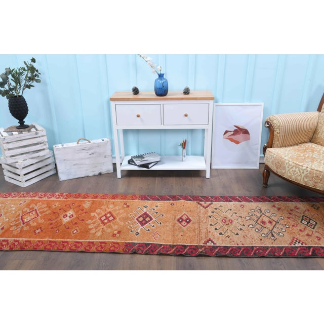 Shabby Chic Vintage Turkish Hand-Knotted Wool Cotton Orange Runner Rug For Sale - Image 3 of 9