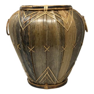Vintage Bent Wood Hand-Crafted Indonesian Basket Vessel Vase For Sale