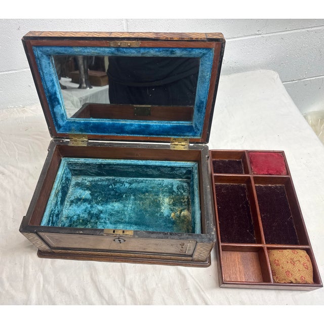 Antique 19th Century Handmade Inlaid Marquetry Parquetry Wood Jewelry Sewing Box For Sale - Image 14 of 17