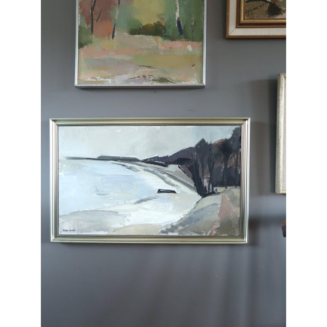 Mid-Century Modern 'Still Coast' Vintage Swedish Abstract Coastal Landscape Oil Painting, Framed For Sale - Image 4 of 13