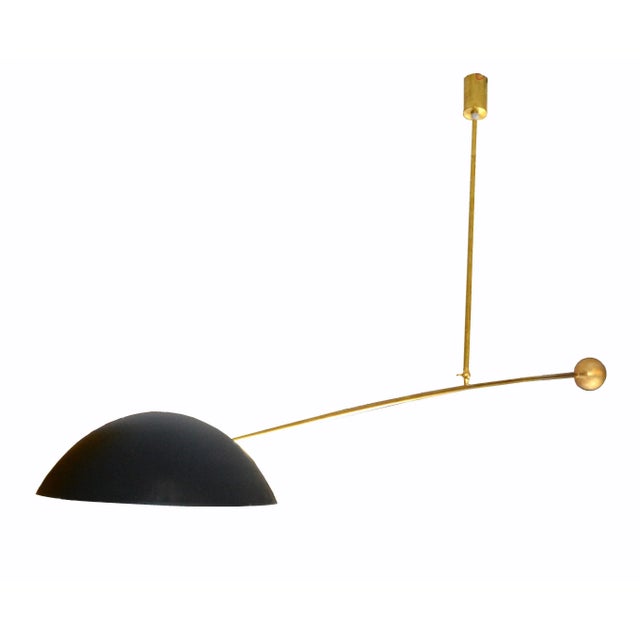 Mid-Century Modern Extra-Large Stilnovo Style Counter Balanced Adjustable Brass & Enamel Light Fixture Chandelier For Sale - Image 3 of 11