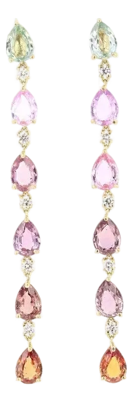 10.40 Carat Sapphire Diamond Yellow Gold Dangle Earrings, A Pair