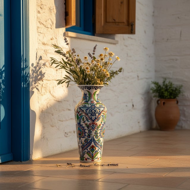 Handmade Ceramic Imperial Palace Vase (60cm) Classic White Symmetrical Saz-Hatai Pattern For Sale - Image 10 of 12