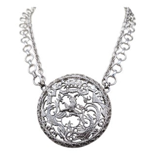 Vintage Signed Napier Rhodium Plated Coat of Arms Pendant Necklace, 1971 Ad Piece For Sale