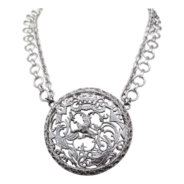 Vintage Signed Napier Rhodium Plated Coat of Arms Pendant Necklace, 1971 Ad Piece For Sale