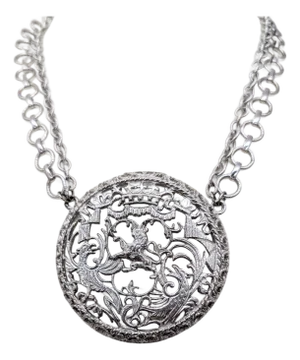 Vintage Signed Napier Rhodium Plated Coat of Arms Pendant Necklace, 1971 Ad Piece