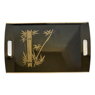 Vintage Marusei Japanese Black Serving Tray With Gold Bamboo Design For Sale