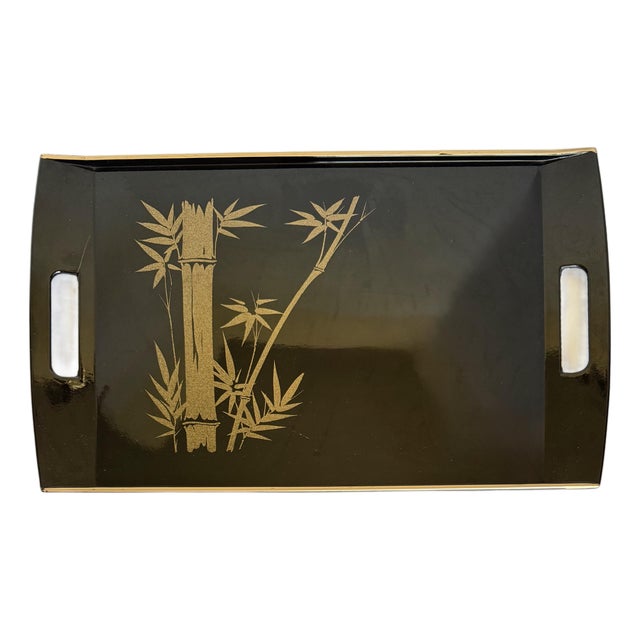 Vintage Marusei Japanese Black Serving Tray With Gold Bamboo Design For Sale
