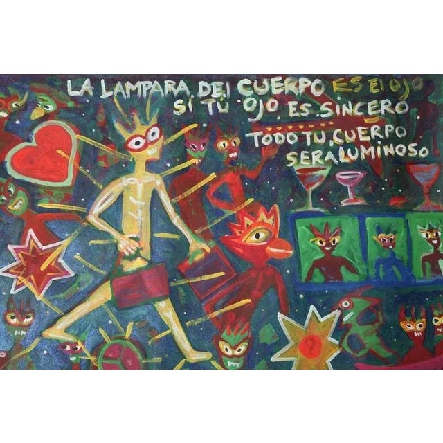 Ink Blue 1999 “La Lampara Del Cuerpo” Neo Expressionist Folk Art Painting on Mixed Media by Julie Hermoso For Sale - Image 8 of 10