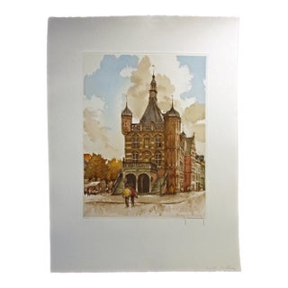 Roger Hebbelinck "Deventer - De Waag" Hand Signed Aquatint Etching, Netherlands For Sale