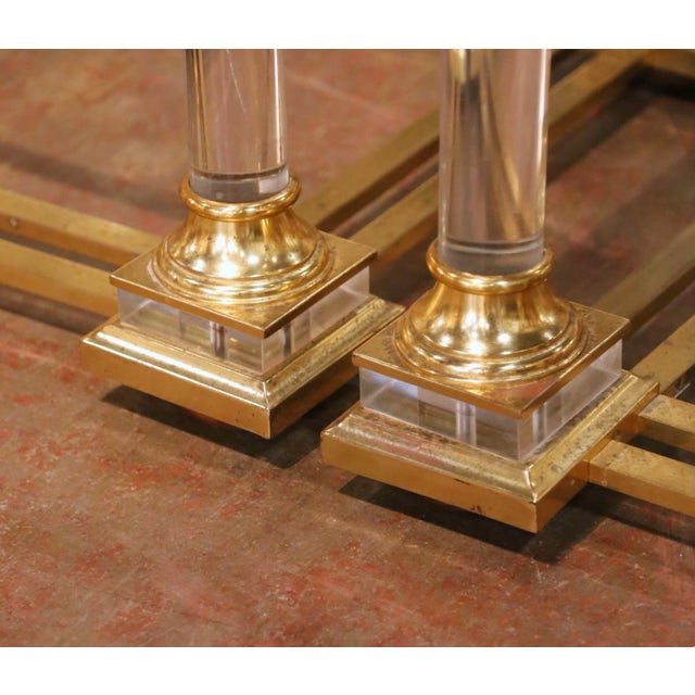 Pair of Mid-Century French Hollywood Regency Acrylic and Brass Side Tables For Sale - Image 4 of 7