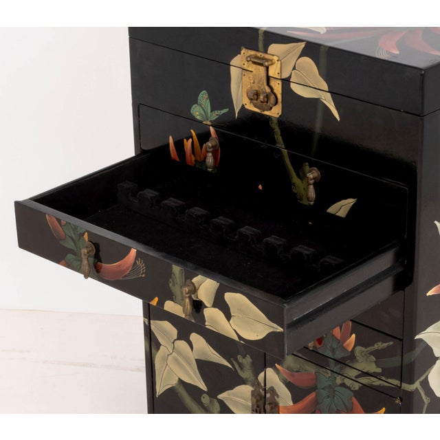 Chinese Floral Motif Hand-Painted and Black Lacquered Cabinet For Sale - Image 9 of 11