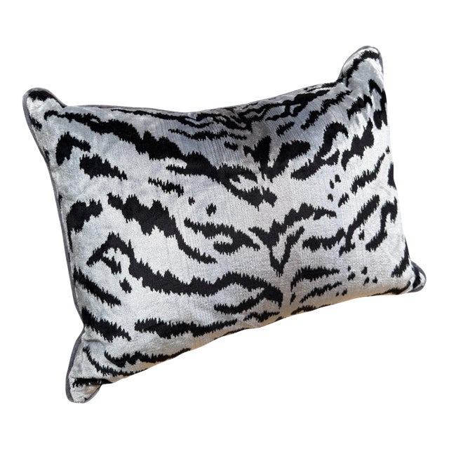 Scalamandre Silk Velvet Tigre Silver & Black Down Pillow For Sale