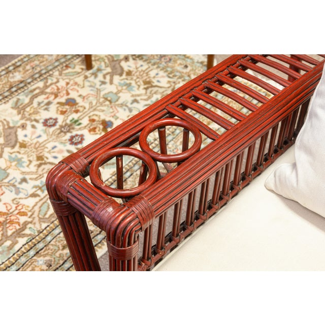 Pair of Vintage Palecek President's Chairs Red Rattan White Cushion Patio Chairs For Sale In Detroit - Image 6 of 16