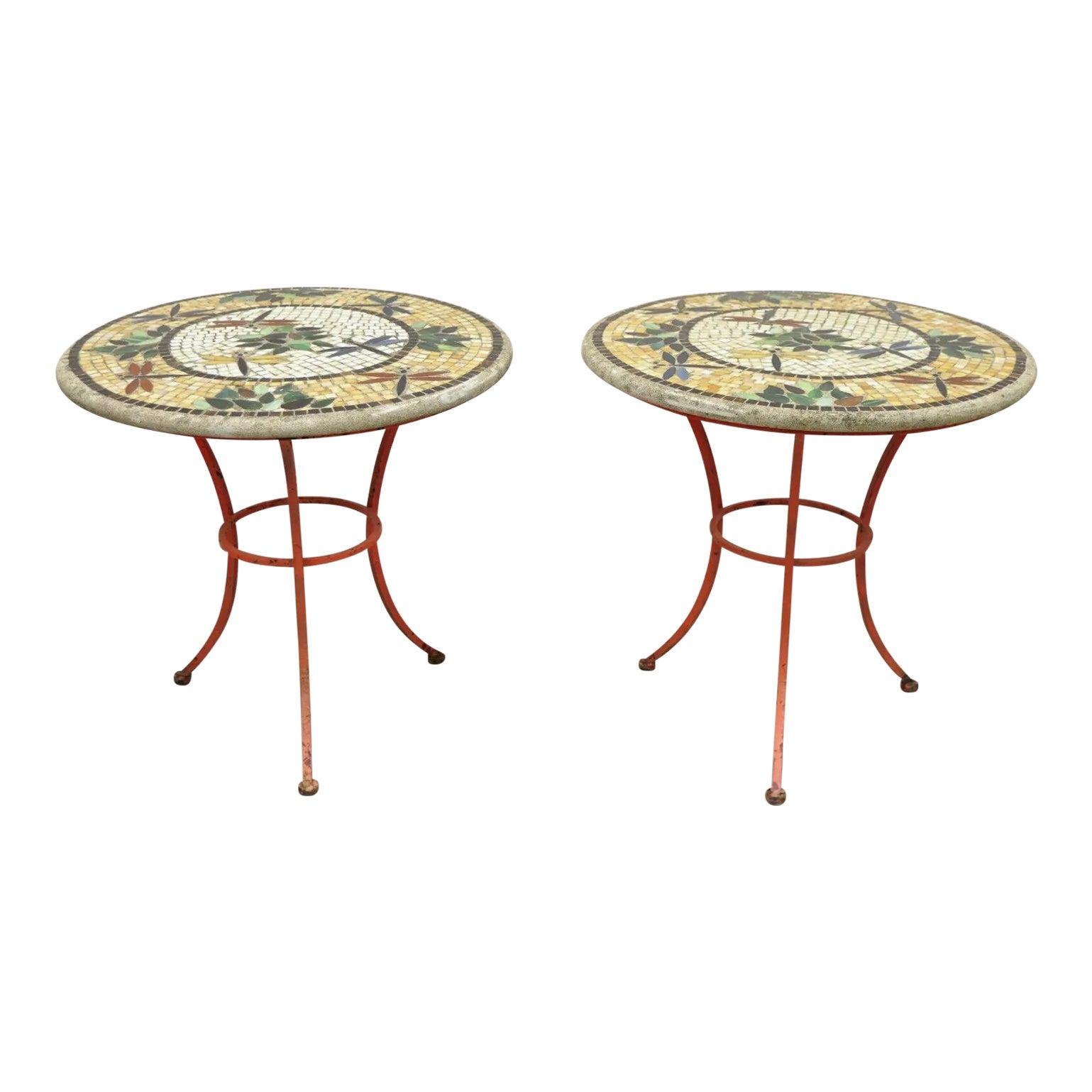 Dragonfly Mosaic Tile Round Stone Top Iron Base Patio Side Tables a