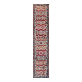 Unique and Colorful Turkish Oushak Runner With Intricate Geometric Pattern For Sale