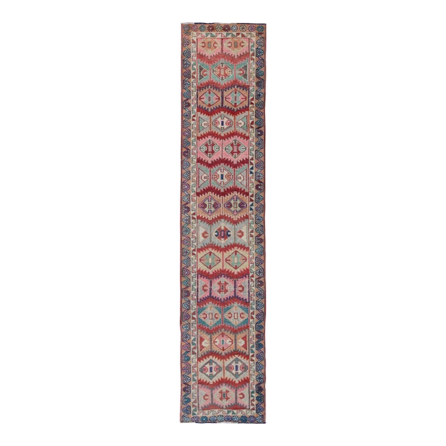Unique and Colorful Turkish Oushak Runner With Intricate Geometric Pattern For Sale