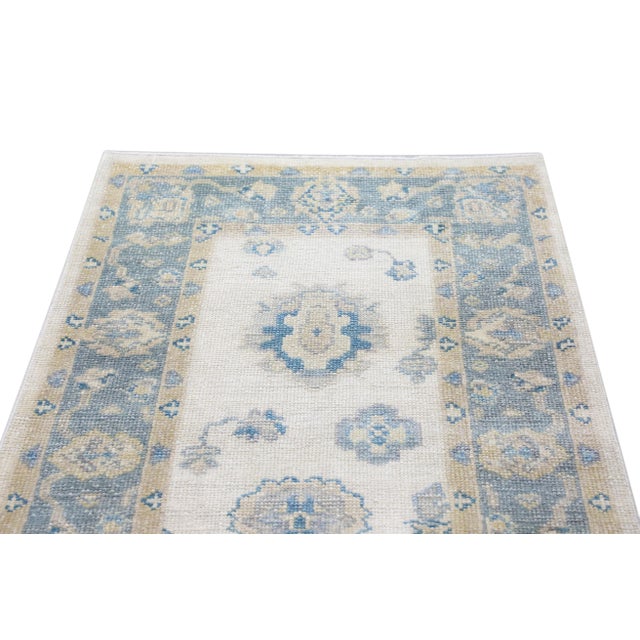 Modern Turkish Oushak Runner Soft Blue & Ivory Handwoven Wool Rug 2'11" X 9'2" For Sale - Image 3 of 9