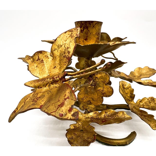 Vintage Italian Gold Gilt Tole Butterfly Candleholders, Pair, Hand-Formed Leaf & Vine Candlesticks - Hollywood Regency For Sale - Image 9 of 12