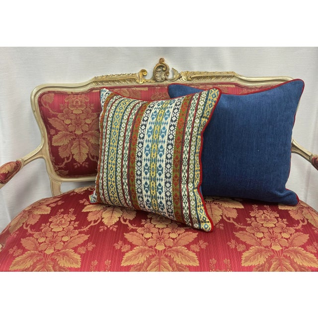 Tribal A Pair of 20” X 20” Robert Allen Dazzling Busy Stripes Lacquer Red Kilim Pillow Covers For Sale - Image 3 of 4