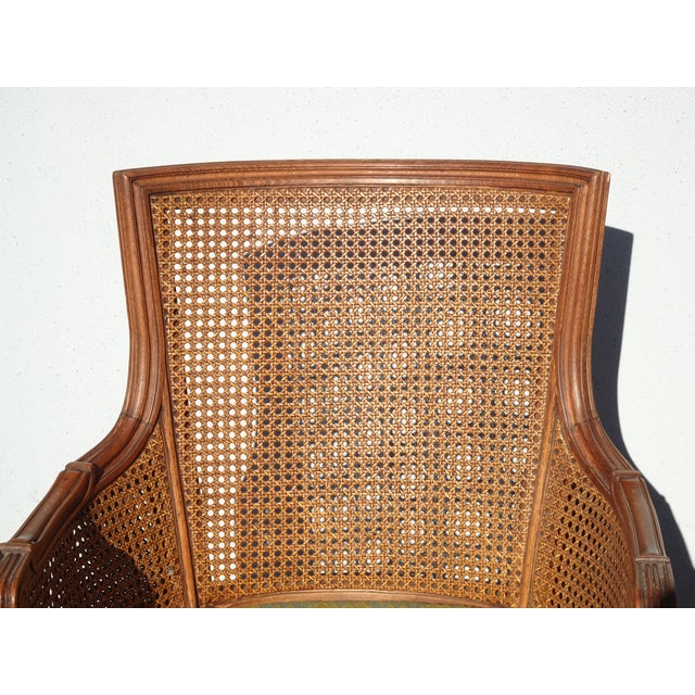 1970s Pair of Vintage French Louis XVI Cane Bergere Green Arm Chairs For Sale - Image 5 of 12