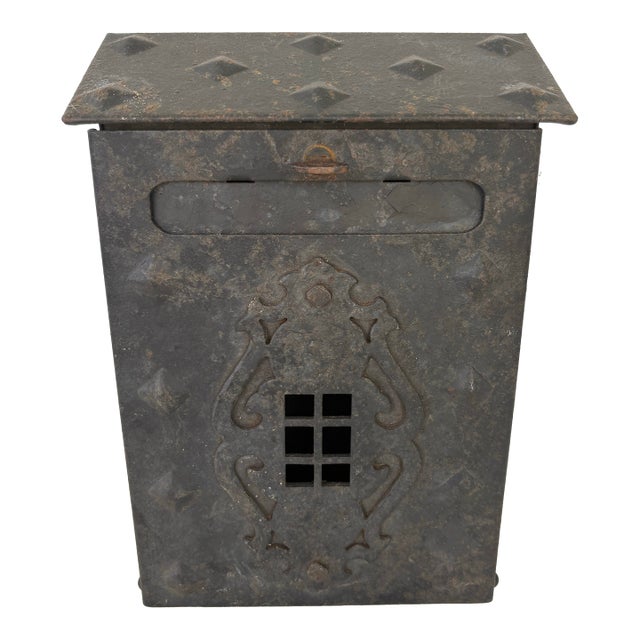 Early 20th Century Hand-Forged Metal Wall Mailbox With Decorative Venting For Sale