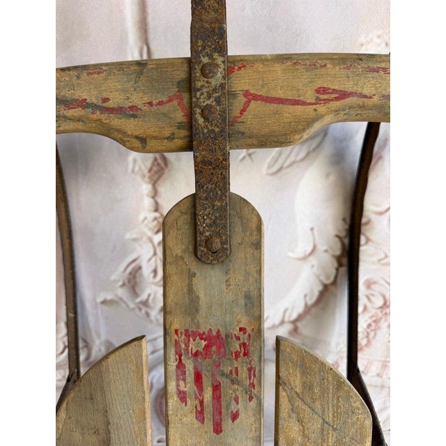 Antique American Wooden Sled With Original Red Graphics For Sale - Image 4 of 18