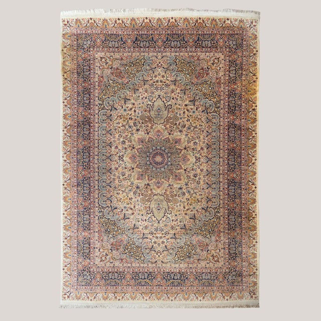 Textile Large Vintage Persian Floral Area Rug in Ivory and Navy, 1950s For Sale - Image 7 of 7