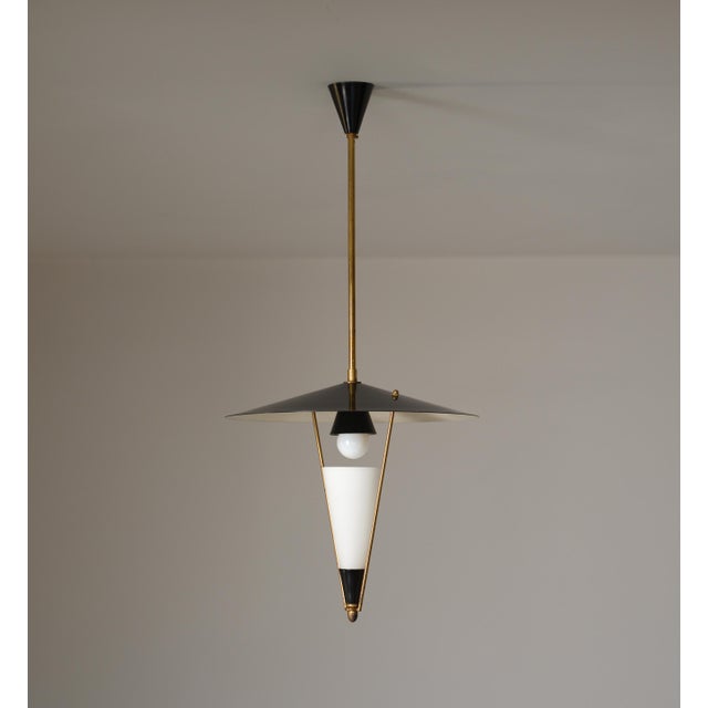 Vintage Italian Pendant Light with Black Saucer Shade and Opaline Glass, 1950s For Sale - Image 10 of 10