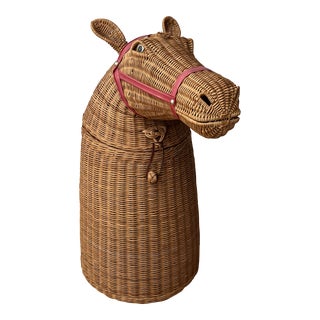 Vintage 1970s Wicker Horse Hamper Basket 2-Piece For Sale