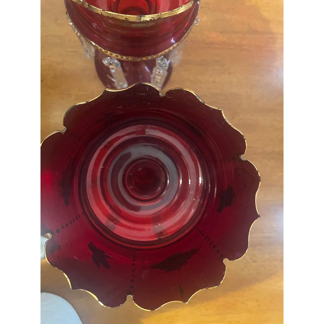 Pair of Bohemian Ruby Cranberry Glass Mantle Lusters With Gold Bird and Peacock Motifs and Crystal Prisms For Sale In Nashville - Image 6 of 14