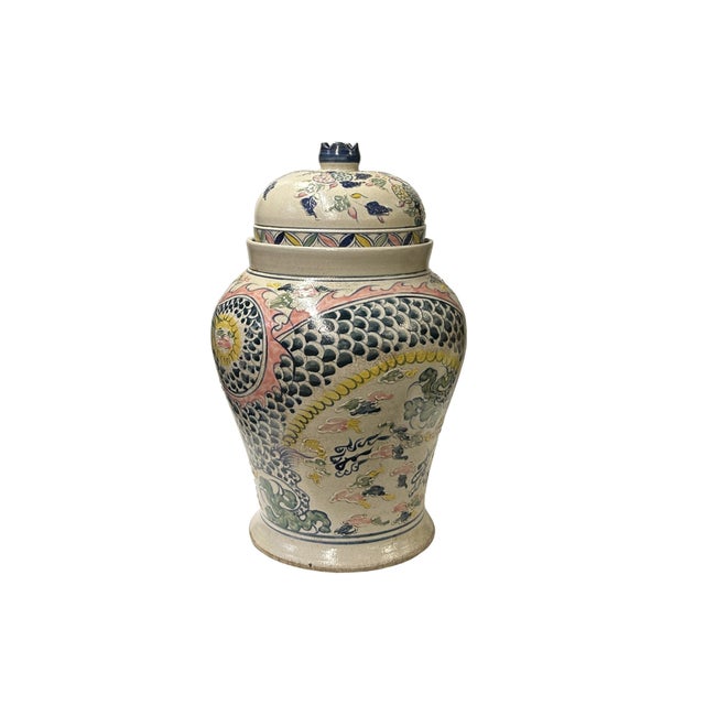 Ceramic Vintage Historic Treasure Dragon Theme Beige Base Ceramic Pot Vase For Sale - Image 7 of 8