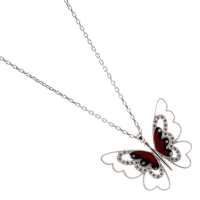 Peace Red Butterfly Sterling Silver Pendant Necklace For Sale In Miami - Image 6 of 7