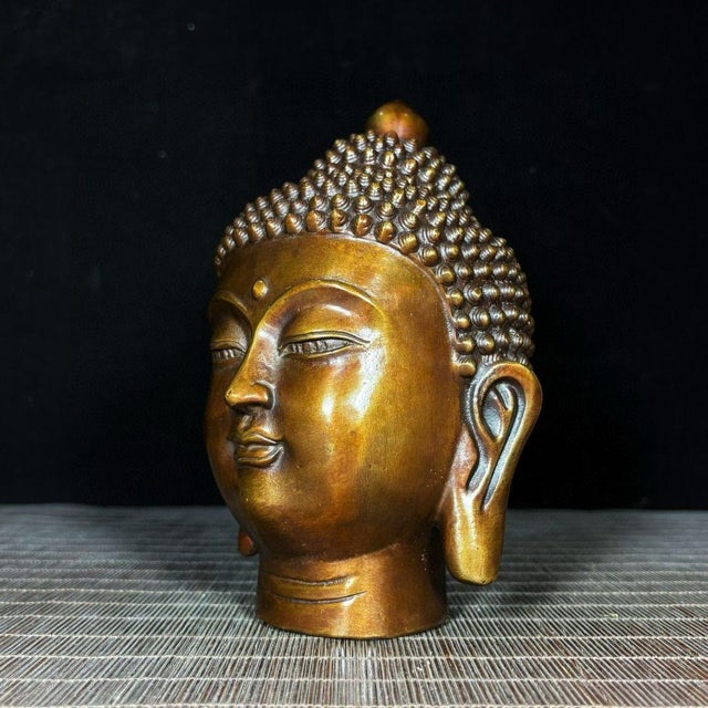 Solid Brass Shakyamuni Buddha Head Statue, Buddhist Religious Decor For Sale - Image 9 of 9