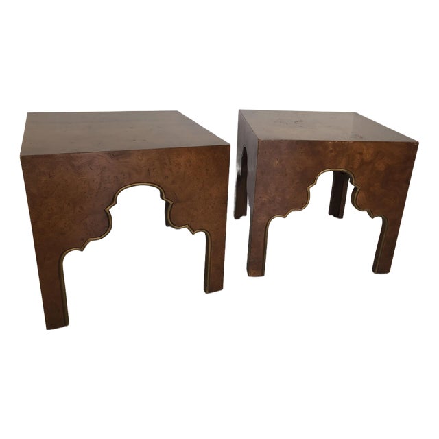 1960s Pair Vintage Drexel Burled Carpathian Elm End Tables For Sale