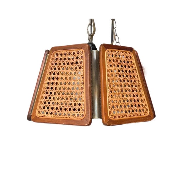 1970’s Boho Chic Cane and Wood Pendant Light For Sale - Image 4 of 8