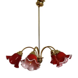 Vintage Brass and Glass 5-Light Chandelier, 1980s For Sale